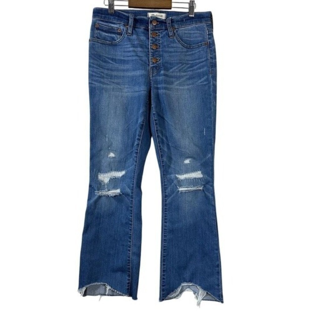 Madewell Cali Demi-Boot Jeans Womens 28 Blue High Rise Button Fly Distressed Hem